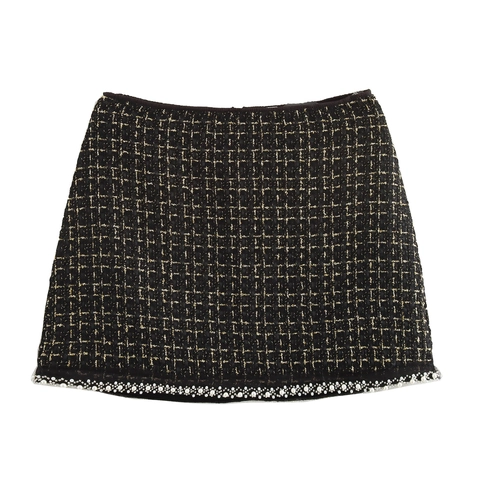 Falda Corta Elegante De Tweed Negro Con Hilo Dorado Y Ribete De Perlas Artificiales Y Diamantes De Imitación Estilo Vintage