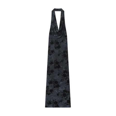 Elegantes Deep V Neck Halter Maxi Kleid Samt Beflockung Floral Ausbrenner Ärmellos Bodycon Party Abendmode Damen