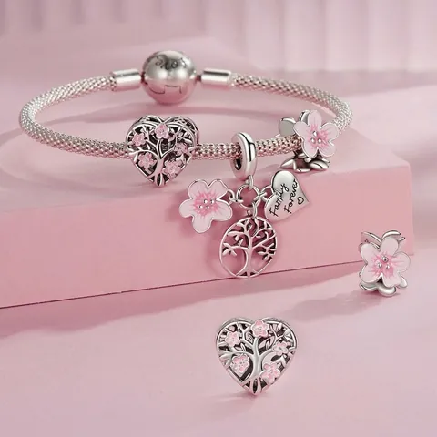 Tree Of Life Charms 925 Sterling Silver Pink Enamel Cherry Blossom Heart Beads For DIY Bracelet Jewelry Making