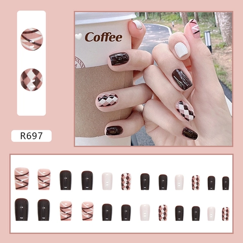 Press On Nails Coffee Brown Plaid Glossy Square Round Shape Acrylic Artificial Fingernails For Women Autumn Winter Style