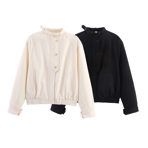 Damen Crop Jacke Stehkragen Geknöpft Lässige Oberbekleidung Mit Taschen Elastischer Saum Polyester