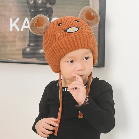 Kids Knit Hat Soft Core Spun Yarn Ear Protection Winter Warm Cartoon Animal Fleece Lined Toddler Infant