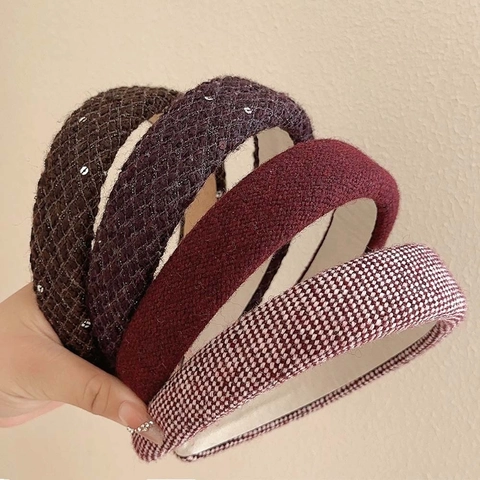 Serre-Tête Large Tweed Laine Tricoté Paillettes Épaissi Rétro Style Français Automne Hiver Accessoire Cheveux Femmes