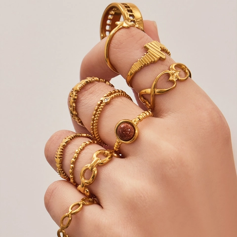 French Retro 18K Gold Plated Stainless Steel Open Ring For Women Adjustable Star Heart Infinity Fishbone Roman Numeral Chain Ring Stackable Fashion Jewelry