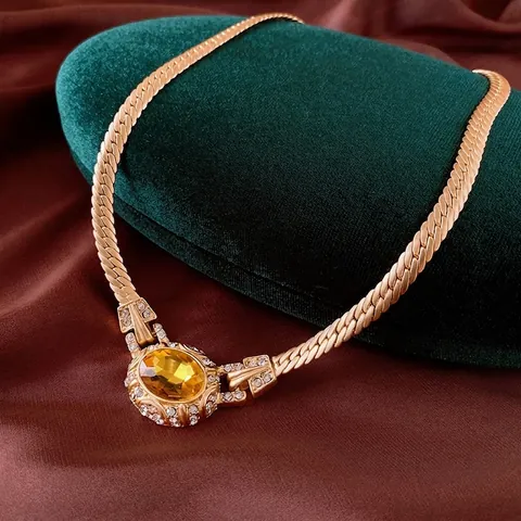 Collana Con Pendente Gemma Ovale Vintage Lega Strass Catena A Serpente Stile Corte Reale Per Donne Gioielli