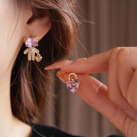 Asymmetric Bear Heart Stud Earrings Zircon Copper Pink Crystal 925 Sterling Silver Earring Post Sweet Fashion Women