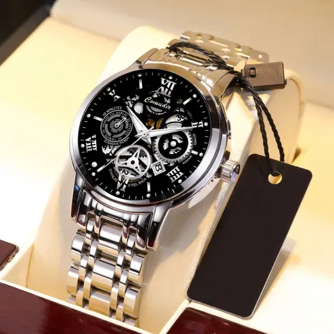 Men Automatic Mechanical Watch Skeleton Luminous Waterproof Stainless Steel Strap Luxury Fashion Wristwatch Roman Numerals