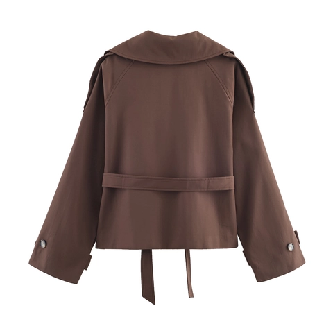 Women Short Trench Coat Polyester Lapel Belted Waist Long Sleeve Casual Elegant Outerwear Coffee Brown