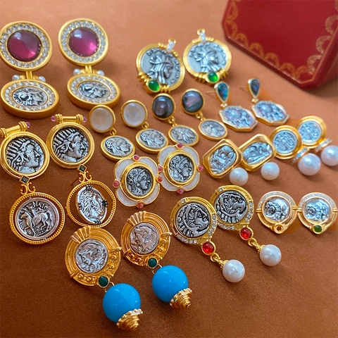 Orecchini Pendenti Moneta Ritratto Cammeo Vintage Stile Palazzo Retro Ottone Rame Con Perno In Argento Sterling 925 Strass