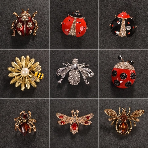 Enamel Insect Brooches Alloy Rhinestone Faux Artificial Pearl Bee Ladybug Spider Pins Vintage Fashion Jewelry For Women Men