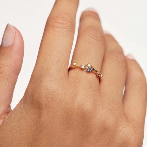 Anillo de Plata de Ley 925 Vintage para Mujer Diseñador Chapado en Oro Ondas Geométrico Circonia Colorida Incrustada Anillo de Dedo Joyería