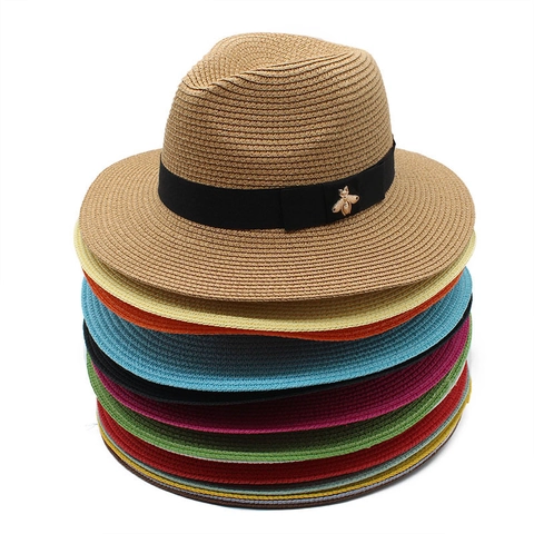Chapeau Fedora En Paille Large Bord Protection Solaire Été Plage Style Panama Avec Décor De Mouche Dorée Unisexe