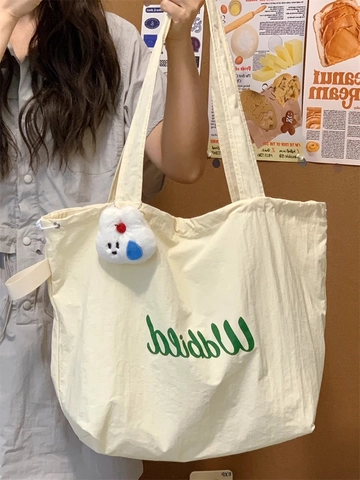 Borsa Tote Donna Grande Capacità Nylon Idrorepellente Coulisse Borsa A Spalla Casual Stampa Lettere Ciondolo Coniglio