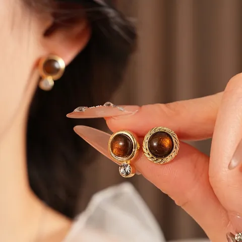 Boucles D Oreilles Rétro Rondes Ovales Avec Résine Alliage Et Tige En Argent Sterling 925 Style Français Vintage Pour Femmes