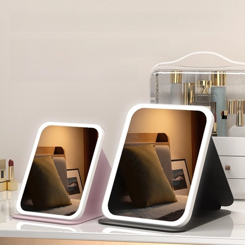 Espejo De Maquillaje LED Con Tres Colores De Luz Espejo De Tocador Recargable Plegable Portátil Pantalla Táctil Mesa