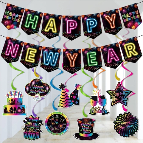 Happy New Year Banner Bandierine E Ornamenti Pendenti A Spirale Decorazioni Per Feste In Cartone Neon Colorato Per Soffitto