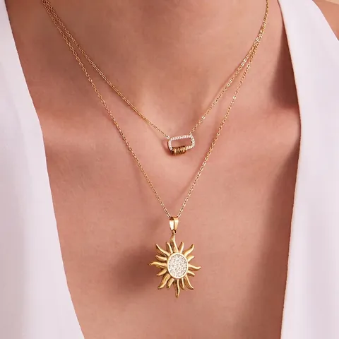 Sparkling Zircon Sun Pendant Necklace Stainless Steel Roman Circle Rings Elegant Fashion Neck Jewelry For Women