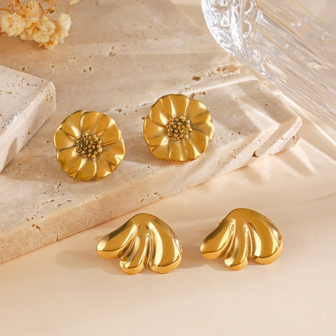 Vintage Gold Plated Stainless Steel Flower Geometric Shell Oval Stud Earrings For Women Minimalist Elegant Chic Jewelry