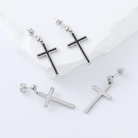 Stainless Steel Cross Drop Earrings Inlaid White Black Rhinestones Punk Gothic Fashion Jewelry Unisex