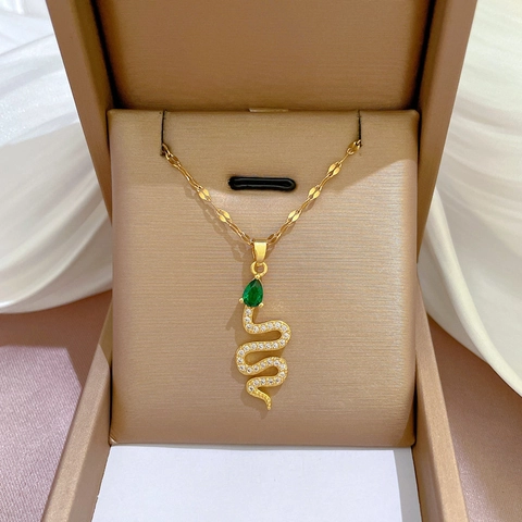 Collana Con Pendente A Serpente Placcata Oro Acciaio Inossidabile Titanio Rame Con Zirconia Verde Gioielli Donna
