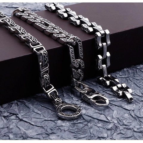 Men Bracelet And Necklace Stainless Steel Retro Gothic Carved Pattern Vintage Silver Punk Style Jewelry