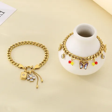 Schmetterling Anhänger Armband Edelstahl Panzerkette Mit Zirkon Blume Quadratischem Anhänger Quaste Und Bunten Perlen Für Damen
