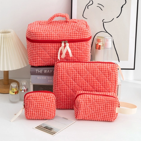 Borsa Trucco Trapuntata Gingham Cotone Organizzatore Da Toeletta Viaggio Sacchetto Di Immagazzinaggio Portatile Donne