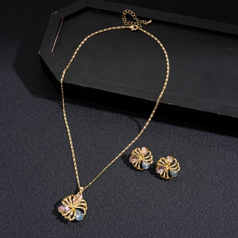 Hollow Vortex Flower Necklace And Earrings 18K Gold Plated Copper Multi Color Zircon Silver Earring Post Vintage Luxury