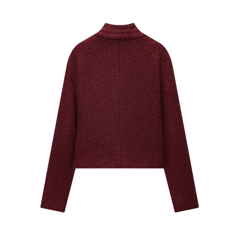 Chaqueta Boucle Para Mujer Rojo Vino Manga Larga Cuello Alzado Con Botones Abrigo Corto Estilo Vintage Francés