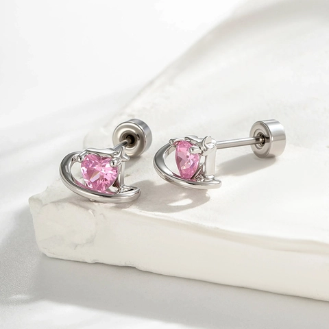 Roze Hart Zirkoon Orbit Ster Oorkraakbeen Stud Titanium Staal Schroefsluiting Zoete Planeet Piercing Sieraden