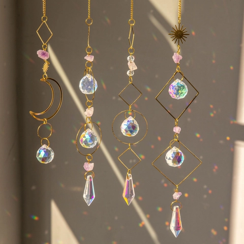 Suncatcher Crystal Pendant With Natural Amethyst Raw Stone Brass Elements For Window Garden Rainbow Maker Hanging Decor
