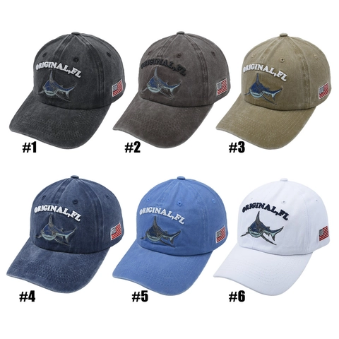 Vintage Baseballkappe Aus Gewaschener Baumwolle Mit Haifisch Stickerei Und US Flagge Retro Unisex Hut