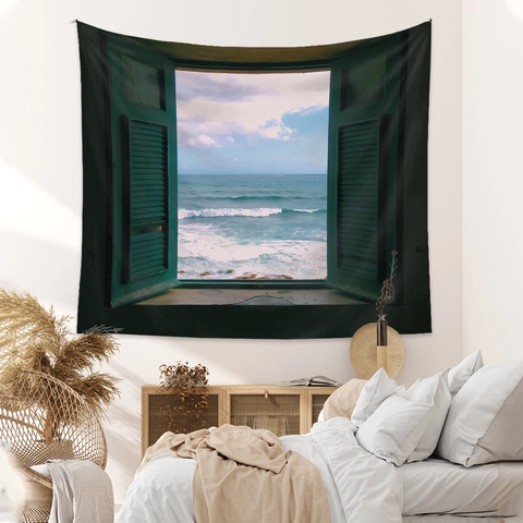 Landscape Wall Tapestry Polyester Fabric Window Sea Starry Night Printed Hanging Background Cloth For Bedroom Home Decor