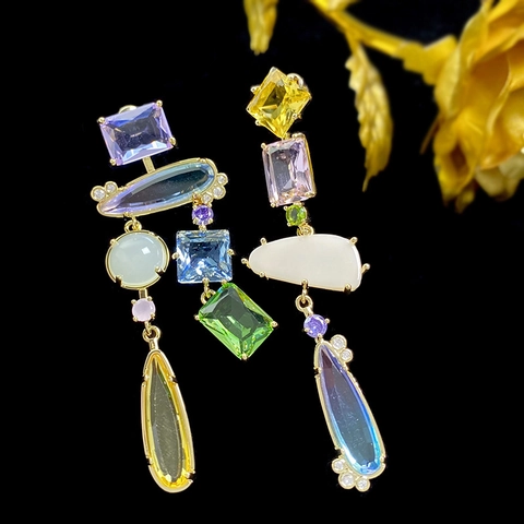 Asymmetrical Candy Color Artificial Crystal Drop Earrings Luxury Geometric Zirconia Alloy Jewelry With Silver Earring Post