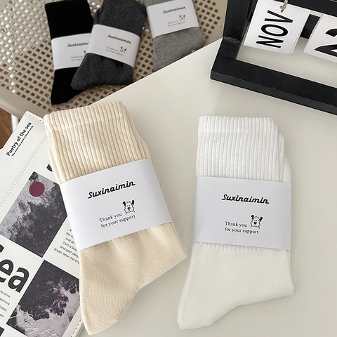 Calzini Crew Da Uomo In Cotone A Coste Traspiranti Minimalista Stile Giapponese Tinta Unita Sport Casual Quotidiano