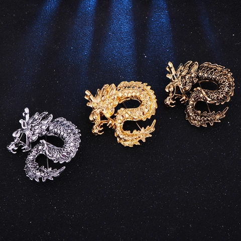 Vintage Alloy Dragon Brooch Retro Mythical Animal Lapel Pin For Men Women Suit Jacket Badge Distressed Electroplated Jewelry Gift