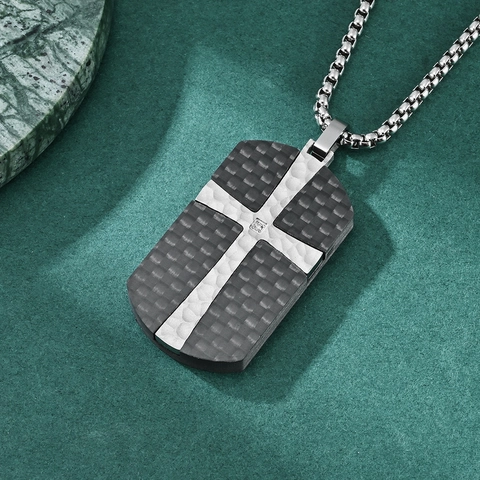 Collana Con Pendente A Croce Da Uomo Acciaio Inossidabile Fibra Di Carbonio Trama Martellata Gioielli Hip Hop Rock