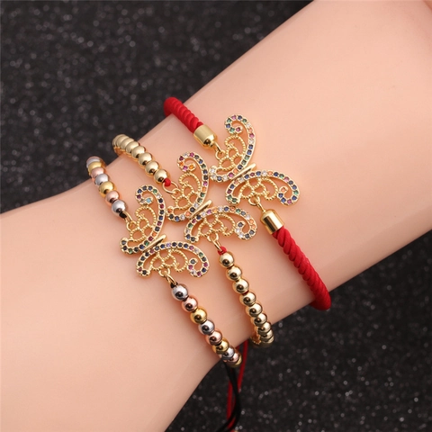 Handmade Woven Rope Butterfly Charm Bracelet Copper Zircon Inlaid Adjustable Jewelry For Women Girls