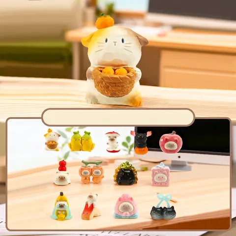 Figurines Blind Box Série Cat PAI Fun Fruits en Résine Synthétique Ornements de Bureau Style Dessin Animé Statuettes Miniatures Floquées Lumineuses