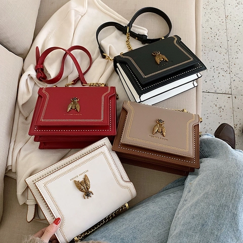 Women Fashion Bee Decor Square Crossbody Bag PU Leather Metal Chain Shoulder Bag Stitching Flap Purse