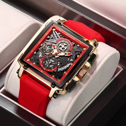Montre De Sport Pour Hommes Cadran Squelette Carré Chronographe Calendrier Étanche Bracelet En Silicone Boîtier En Alliage