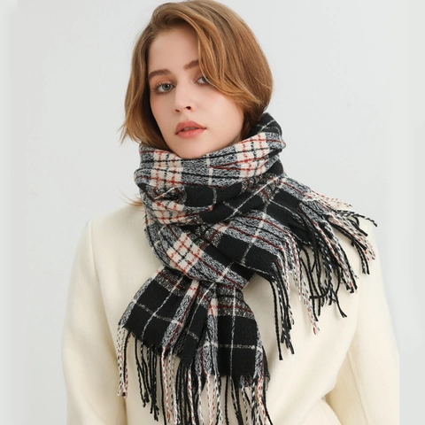 Winter Warm Plaid Scarf Long Imitation Cashmere Checked Shawl With Tassels Fringe Fashion Elegant Retro For Women Men