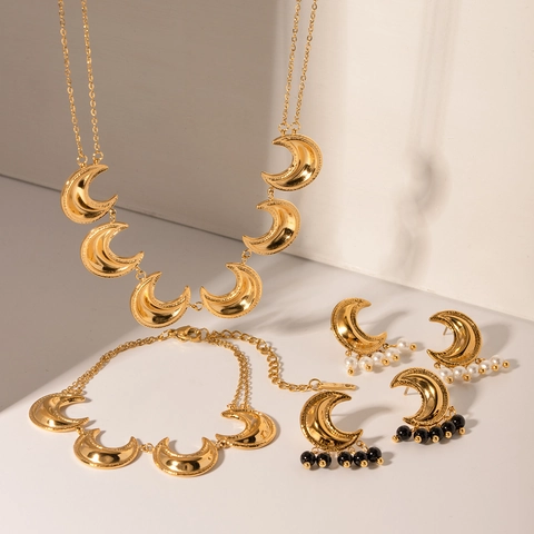 Gold Plated Stainless Steel Moon Pendant Necklace Bracelet Earrings With Artificial Pearl Crystal Bohemian Jewelry For Women