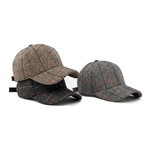 Plaid Tweed Baseball Cap Curved Brim Hard Top Adjustable Retro British Style Sunshade Outdoor Sun Protection Hat Men Women