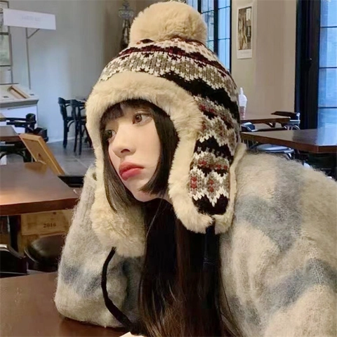 Winter Trapper Hat Knitted Jacquard Faux Fur Lining Warm Ear Flaps Pom Pom Outdoor Skiing Pilot Style Women Men