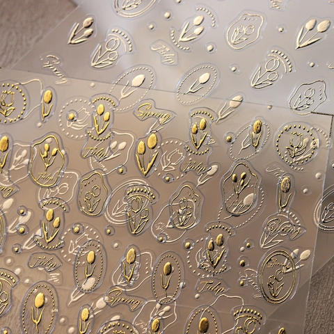 Autocollants Ongles 3D Relief Tulipe Fleur Printemps Métallique Or Argent PET Auto-Adhésif Décoration Manucure
