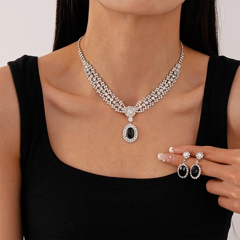 Collana Con Ciondolo In Pietra Nera Ovale E Orecchini Pendenti Rame Con Zirconi Strass Gioielli Di Lusso Per Donna