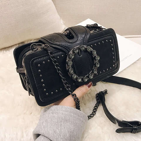 Vintage Women Crossbody Bag PU Leather Fashion Rivet Rhinestone Buckle Metal Chain Strap Small Square Bag