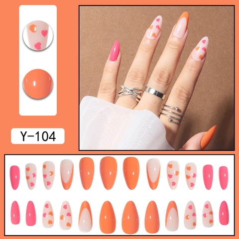 French Tip Press On Nails Mandelform Orange Und Pink Glänzend Herzmuster Künstliche Nägel Für Frauen Maniküre