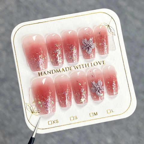 Sweet Blush Gradient Press On Nails With 3D White Flowers And Glitter Short Coffin False Nails For Women